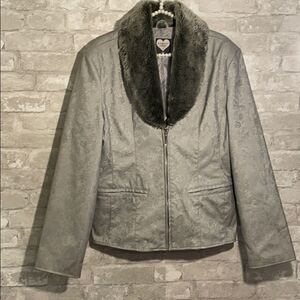Ashley 26 International Jacket Silver Embossed Faux Fur Collar Silver Sz Med